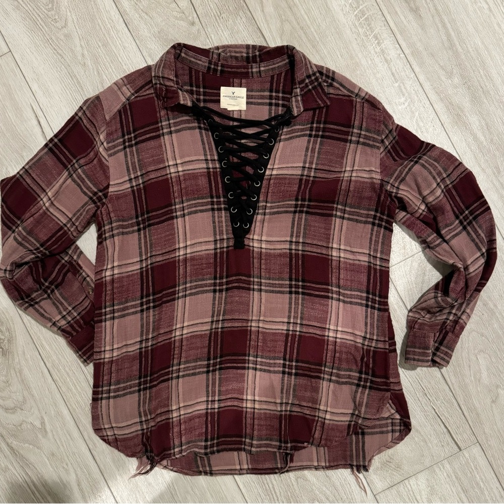 American Eagle Outfitters Burgundy Plaid Lace-Up Shirt